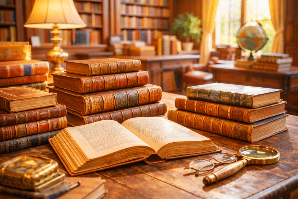 Livres anciens par quoi commencer : des ouvrages anciens éclairés par une lumière douce, sans urgence.