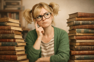 Femme blonde pensive devant des piles de livres anciens, qui se demande comment commencer avec des livres anciens