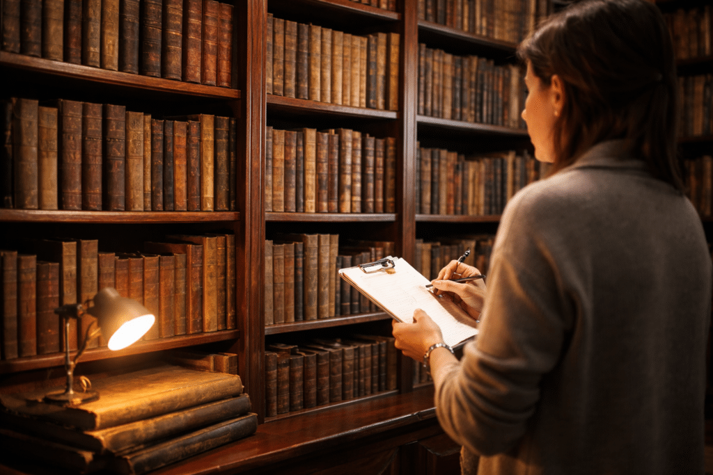 Personne examinant une bibliothèque de livres anciens en prenant des notes pour décider que faire avec des livres anciens