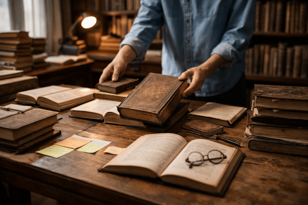 Tri méthodique de livres anciens sur une table en bois pour déterminer que faire avec des livres anciens