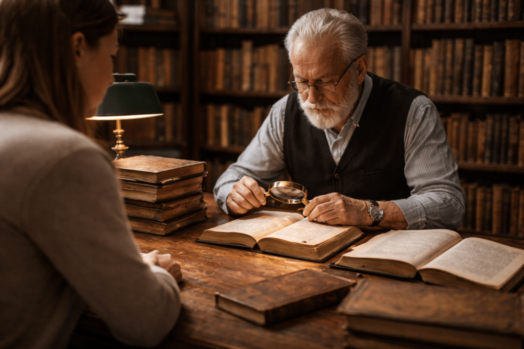 Expert examinant un livre ancien avec une loupe pour évaluer sa valeur et décider que faire avec des livres anciens