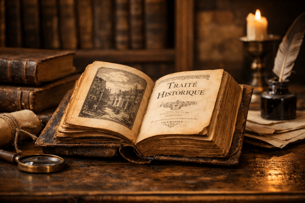 Qu'est-ce qu'un livre ancien ? : livre ancien ouvert à la reliure en cuir avec pages jaunies, posé sur une table en bois