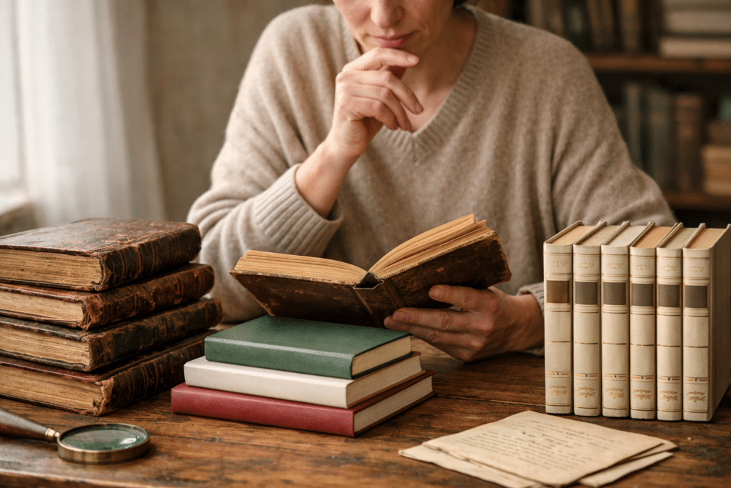 Personne examinant différents livres rares et anciens sur une table pour comprendre les différences entre ancien, rare et collection.