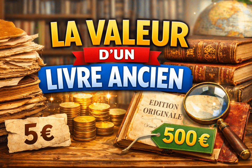 La valeur d’un livre ancien : vignette horizontale réaliste et lumineuse avec vieux livres, loupe et comparaison de prix