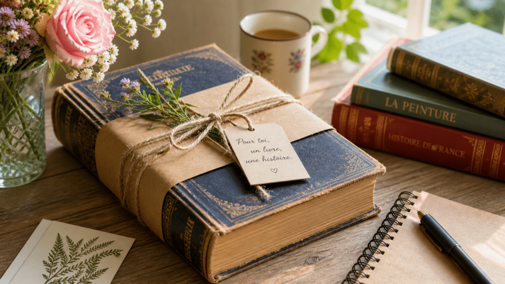 Offrir un livre ancien : beau livre ancien emballé en cadeau sur une table lumineuse avec fleurs et ouvrages reliés