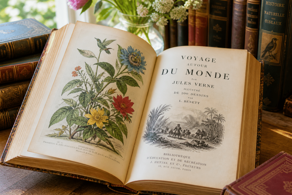Offrir un livre ancien : beau livre ancien illustré ouvert avec magnifiques gravures colorées sur une table lumineuse entourée d’ouvrages reliés
